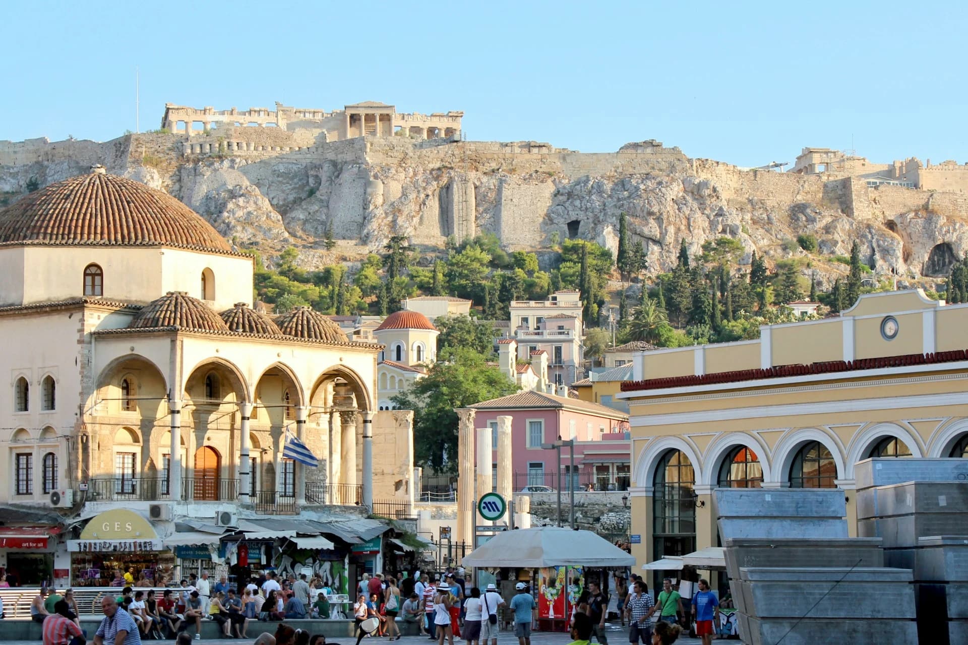 Syntagma Square in Athens on a December evening, with the Christmas tree lit in front of the Parliament